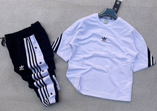 Ensemble Survêtement Noir Adidas Originals – T-shirt Logo Trèfle & Pantalon à Boutons-Pression