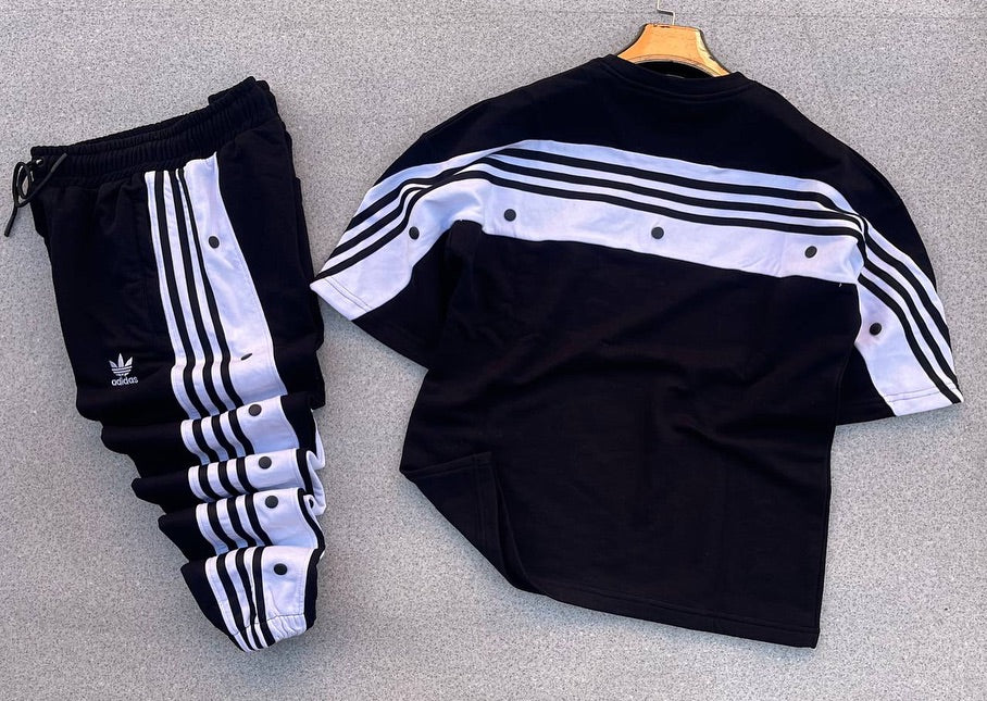 Ensemble Survêtement Noir Adidas Originals – T-shirt Logo Trèfle & Pantalon à Boutons-Pression