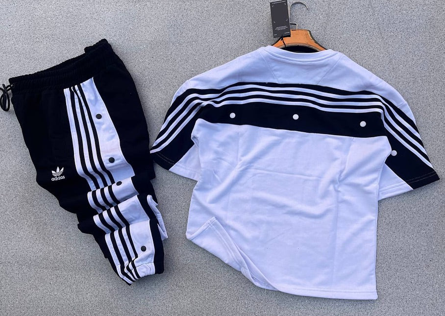 Ensemble Survêtement Noir Adidas Originals – T-shirt Logo Trèfle & Pantalon à Boutons-Pression