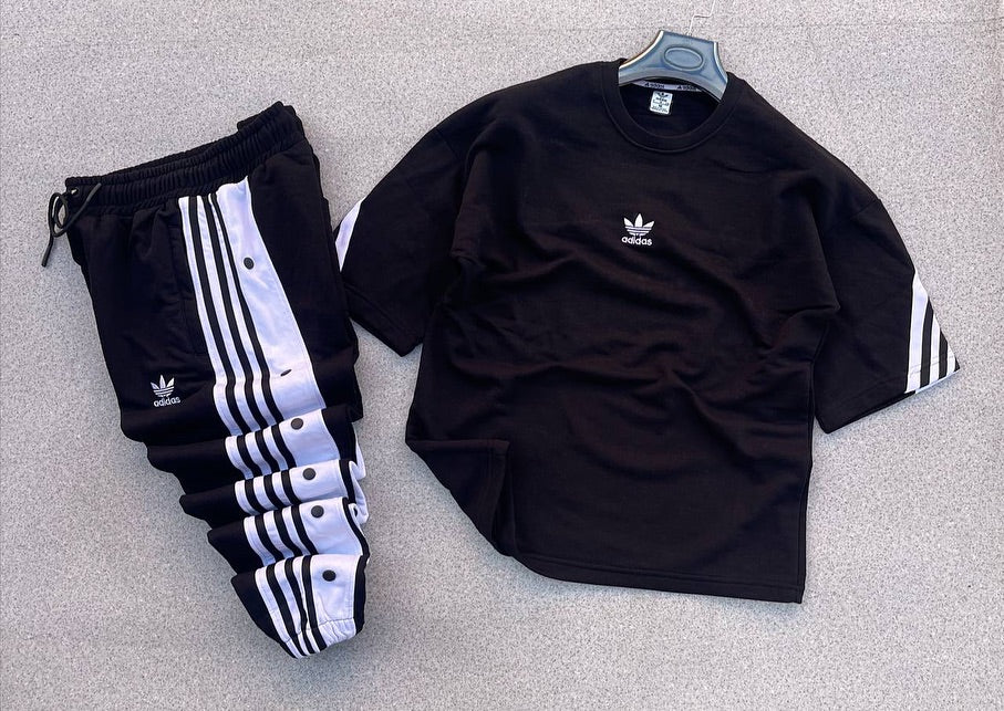 Ensemble Survêtement Noir Adidas Originals – T-shirt Logo Trèfle & Pantalon à Boutons-Pression